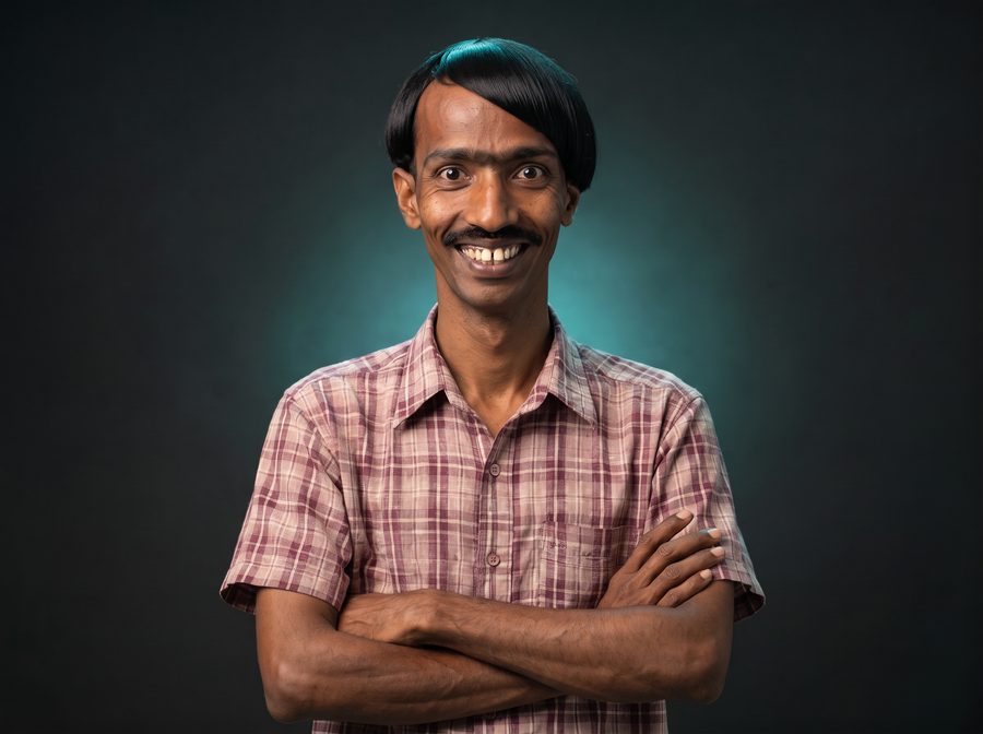 Chotu, arms folded, with a big innocent grin