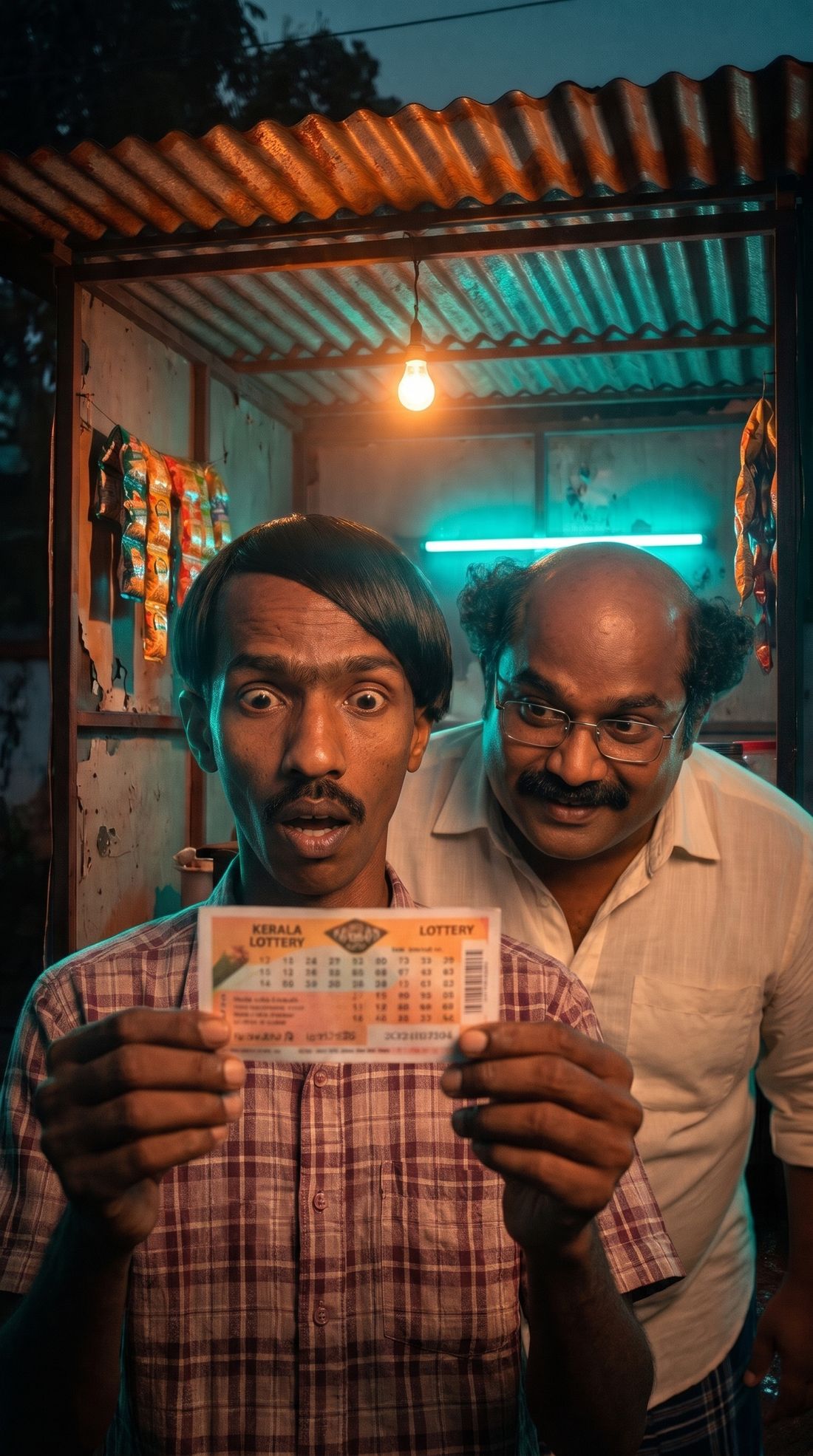 Chotu holding the winning lottery ticket while Kabir looks over his shoulder at the tea stall