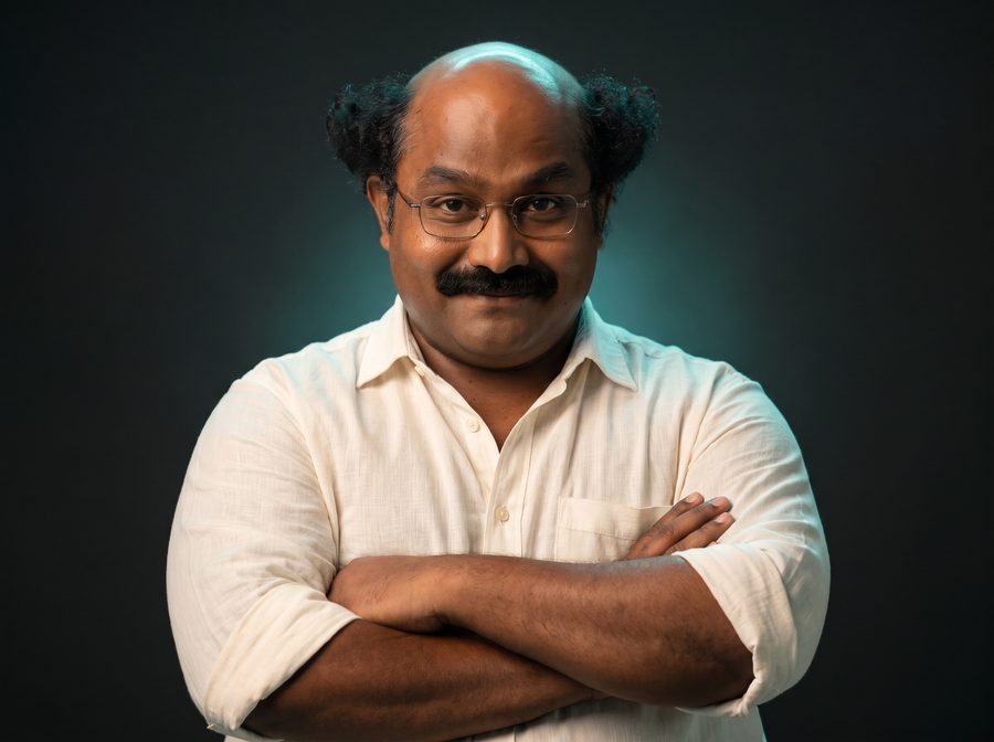 Kabir, arms folded, with a confident knowing smile