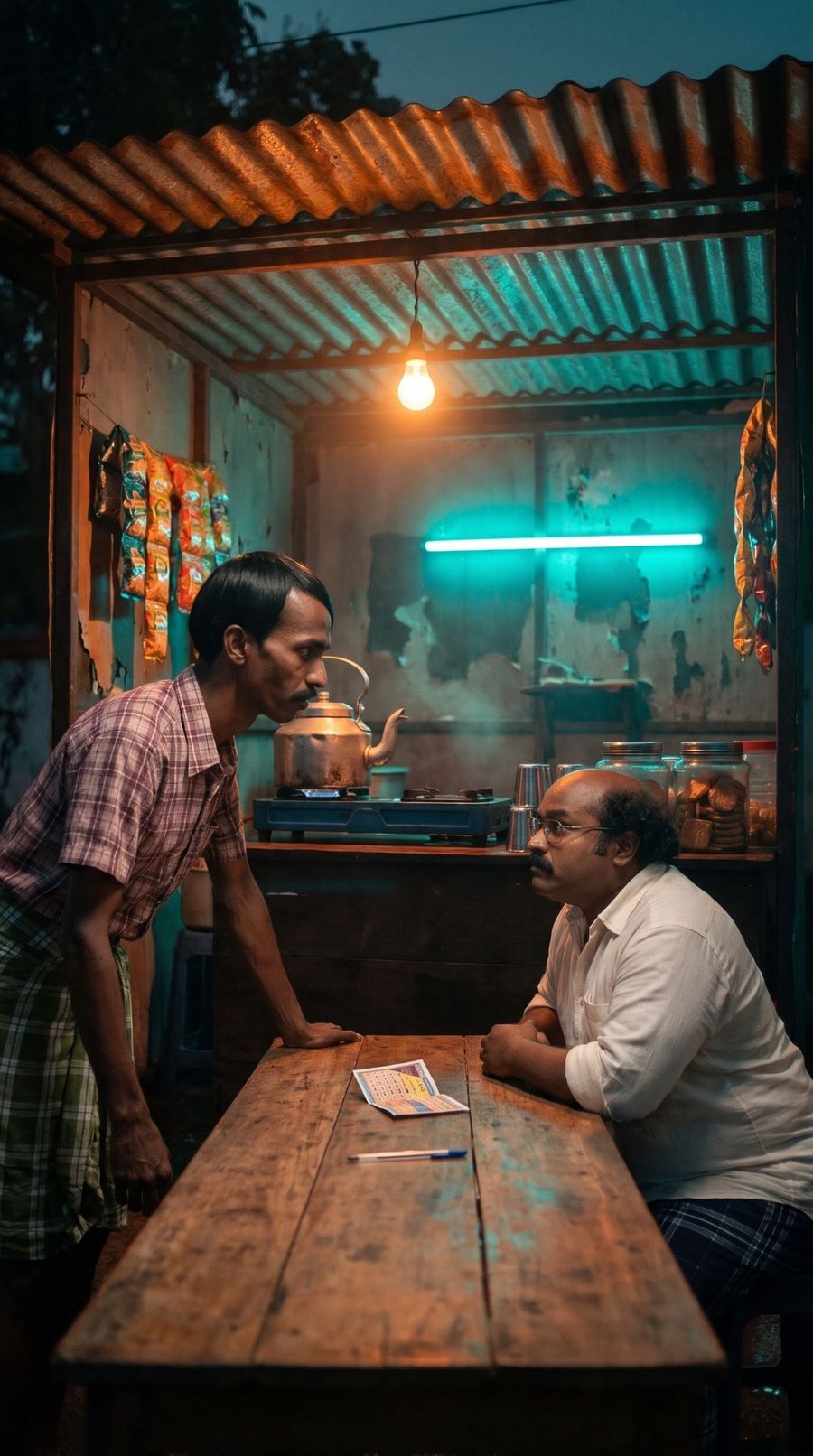 Kabir and Chotu staring each other down across the tea stall table